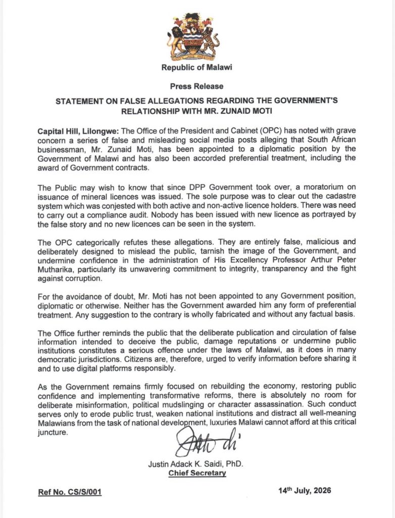 OPC Dismisses Claims of Diplomatic Appointment and Contracts for South African Businessman Moti